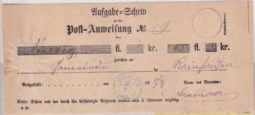 Bayern - Hemau 3/7 violetter Zier-K1 Typ 18a Aufgabeschein f. Postanweisung 1873