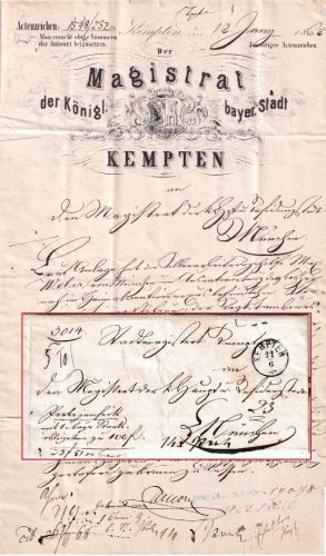 Bayern - Kempten 22/6 schwarzer Zier-K1 Typ 18aI Fahrpostbrief (Wert) 1868