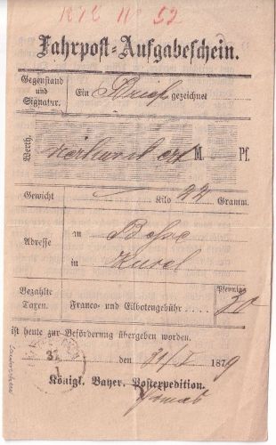 Bayern - Lauterecken 31/1 schwarzer kl. K1 Typ 17 Fahrpost-Aufgabeschein 1879