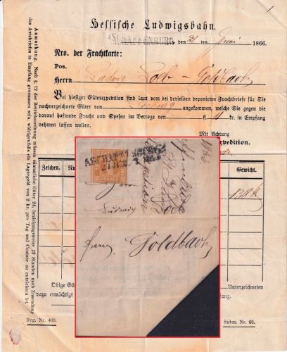 Bayern - 1 Kr. Quadrat gelb Randstück Ortsbrief/Frachtgut L2 Aschaffenburg 1866