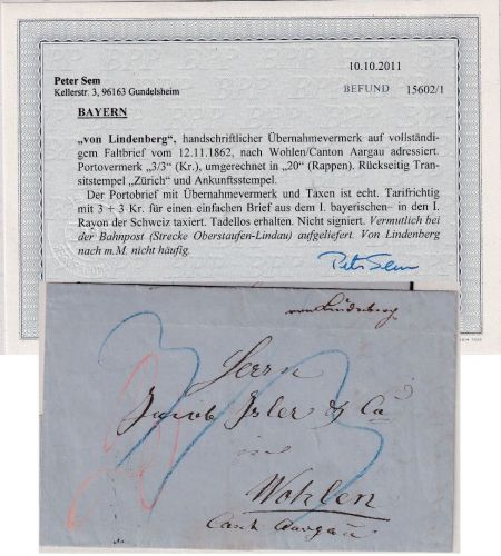 Bayern/Schweiz - "von Lindenberg" handschr. Aufgabe Portobrief n. Wohlen 1862