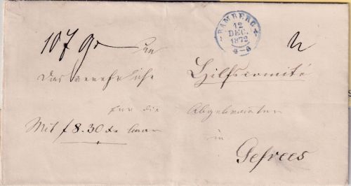 Bayern - Bamberg 12 DEC 1872 viol. OPA-Stpl. portofreie Geldsendung n. Gefrees