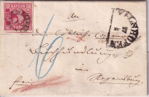 Bayern - 3 Kr. Quadrat rot gMR 545 Vilshofen 27/5 unterfrankierter Brief 1866