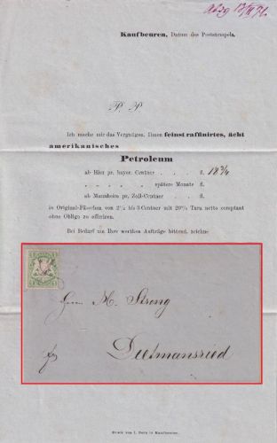 Bayern - 1 Kr. Wappen gez. Drucksache Federzug-Entwertung (Kaufbeuren) 1874