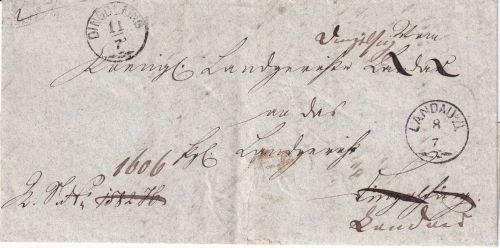 Bayern - Landau a/I. 8/7 schwarzer kl. K1 Typ 18 Dienstbrief n. Dingolfing 1869
