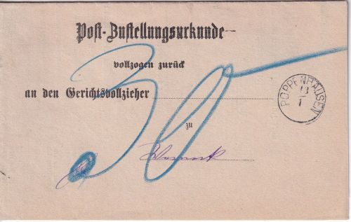 Bayern - Poppenhausen 13/1 schwarzer kl. K1 Typ 17II Zustellurkunde 1880