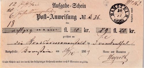 Bayern - Ramstein 26/12 schwarze Sondertype Aufgabeschein f. Postanweisung 1869