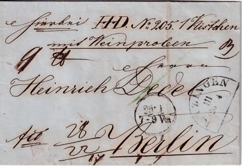 Bayern/Preussen - Kitzingen 26/4 HKS Paketbegleitbrief (Weinproben) 1852