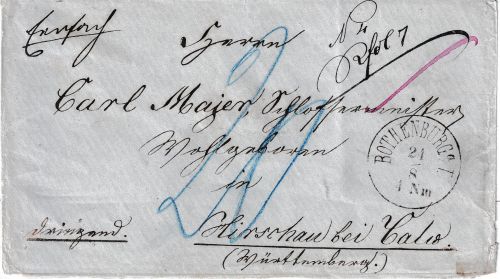 Bayern/Württemberg - Rothenburg o/T. 21/8 K1 unfrankierter Brief 1876 Nachporto