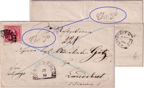 Bayern - 3 Kr. Quadrat rot Chargebrief oMR 155 Germersheim 23/10 - Landshut 1866