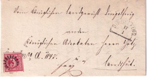 Bayern - 3 Kr. Quadrat rot Brief gMR 87 Dingolfing - Landshut 1864