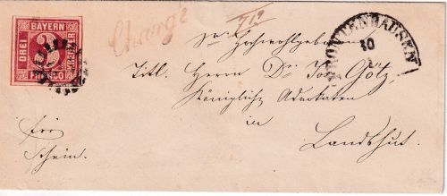 Bayern - 3 Kr Quadrat rot Chargebrief gMR 142 Frontenhausen 30/1 - Landshut 1864