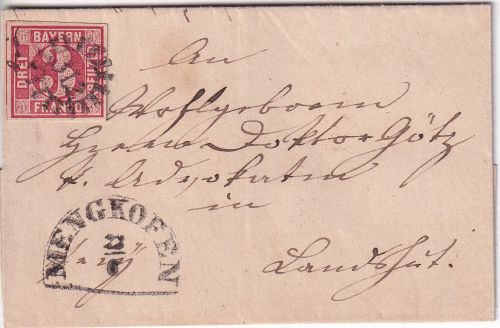 Bayern - 3 Kr Quadrat rot Brief gMR 312 Mengkofen 23/6 - Landshut 1866