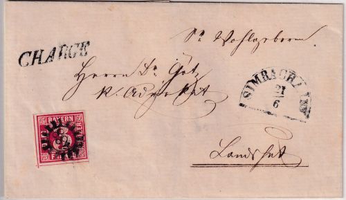 Bayern - 3 Kr Quadrat rot Chargebrief gMR 488 Simbach a/Inn - Landshut 1864