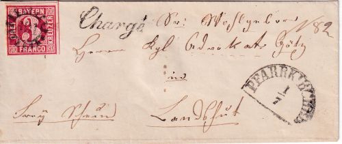 Bayern - 3 Kr Quadrat Chargebrief gMR 391 Pfarrkirchen 1/7 - Landshut 1864