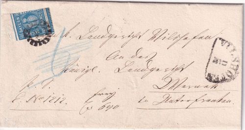 Bayern - 6 Kr. Quadrat blau Oberrrand Extremverschnitt Brief gMR 545 Vilshofen