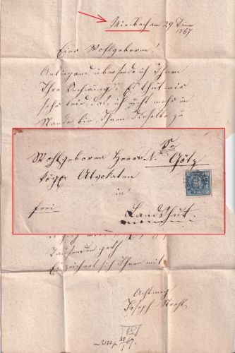 Bayern - 6 Kr. Quadrat blau Brief gMR 314 (Miesbach) - Landshut 29.1.1867