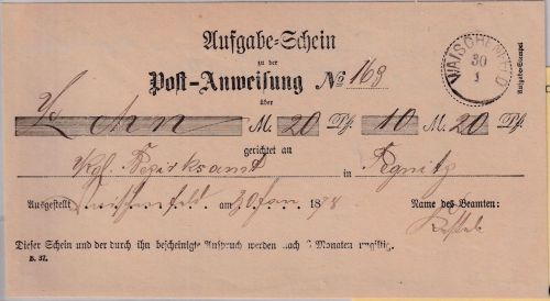 Bayern - Waischenfeld 30/1 schwarzer kl. K1 Typ 17 Aufgabeschein Postanw. 1878