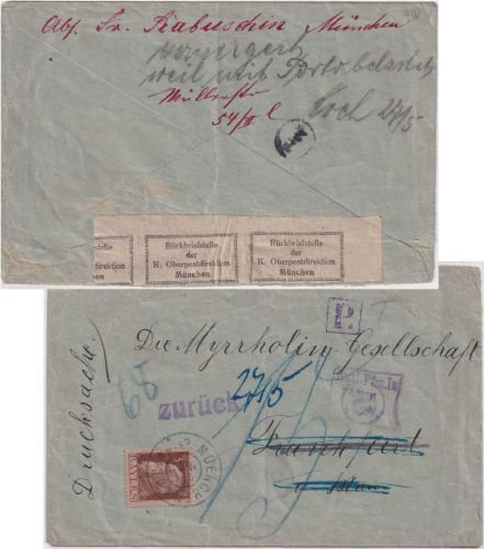 Bayern - 3 Pfg. Luitpold Drucksache München - FFM 1911 Rückbriefstelle München