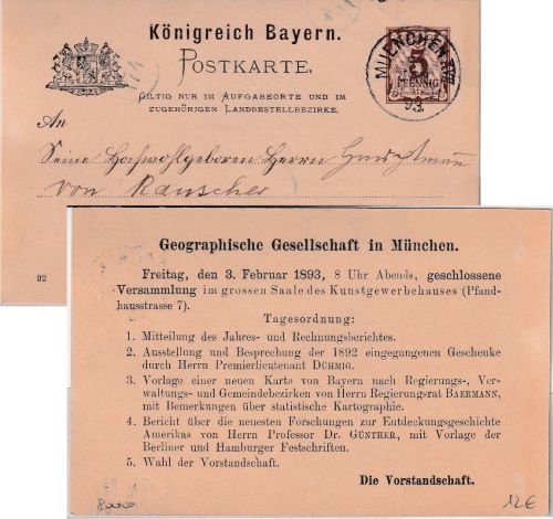 Bayern - 3 Pfg. Rauten Ganzsache Zudruck Geographische Gesellschaft München 1893