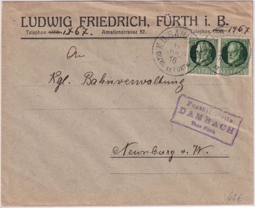 Bayern - Dambach T. Fürth Posthilfsstelle Ra3 + Bahnpost Brief n. Neunburg 1916