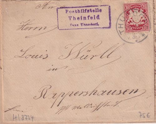 Bayern - Theinfeld T. Thundorf Posthilfsstelle Ra3 Brief n. Ruppershausen 1907