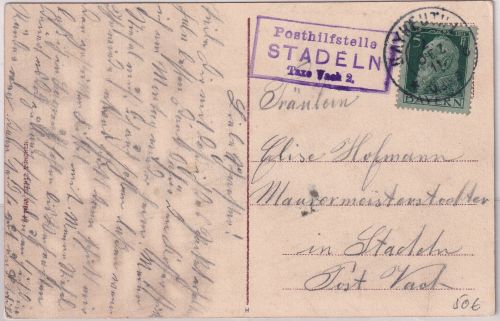 Bayern - Stadeln T. Vach 2 Posthilfsstelle Ra3/Ank.stpl. Karte v. Bayreuth 1911
