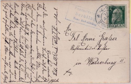 Bayern - Berbling T. Bad Aibling Posthilfsstelle Ra3 Karte n. Wasserburg 1911