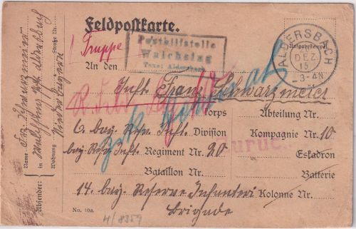 Bayern - Walchsing T. Aldersbach Posthilfsstelle Ra3 Feldpostkarte 1915 - retour