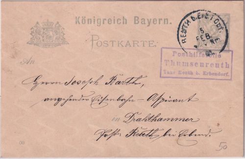 Bayern - Thumsenreuth T. Reuth b. Erbendorf Posthilfsstelle Ra3 2 Pfg. Ganzsache