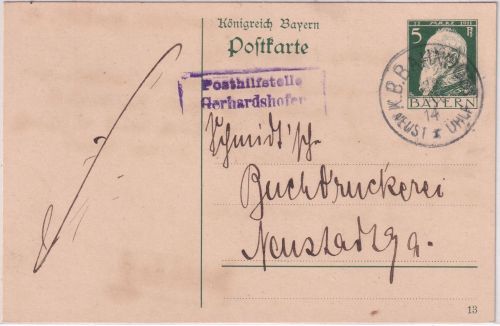 Bayern - Gerhardshofen T. Dachsbach Posthilfsstelle Ra3 +Bahnpost Ganzsache 1914
