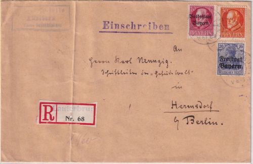 Bayern - Affaltern T. Lauterbrunn Posthilfsstelle Ra3 Einschreibebrief 1919