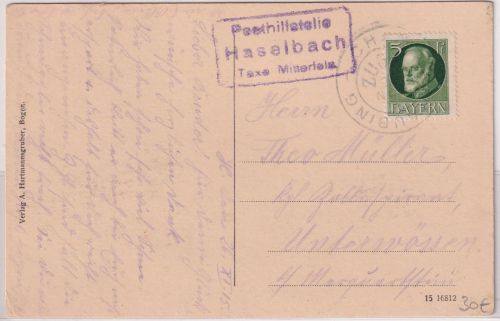 Bayern - Haselbach T. Mitterfels Posthilfsstelle Ra3 + Bahnpost Karte 1915