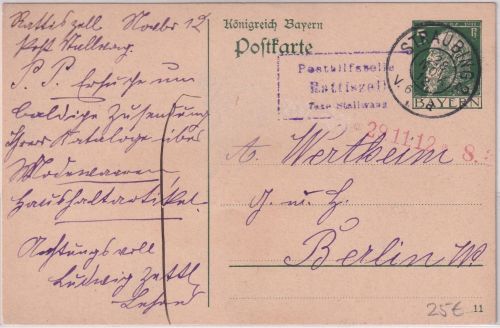 Bayern - Rattiszell T. Stallwang Posthilfsstelle Ra3 Ganzsache n. Berlin 1912