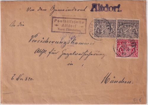 Bayern - Altdorf T. Ebenhofen Posthilfsstelle Ra3 Dienstbrief Biessenhofen 1920