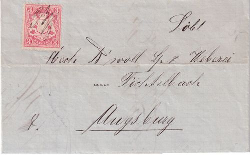 Bayern - Kempten 1871 handschriftliche Entwertung Brief 3 Kr. gez. n. Augsburg