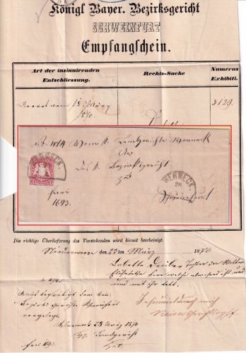 Bayern - 3 Kr. Wappen geschn. HKS Werneck 28/3 Empfangsschein n Schweinfurt 1870