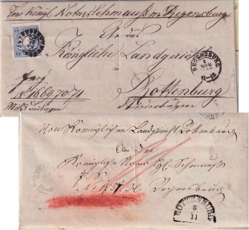 Bayern - 7 Kr. Wappen geschn. Brief oMR 418 Regensburg - Rottenburg 1868