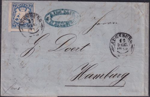 Bayern - 7 Kr. Wappen geschn. Brief OPA Augsburg - Hamburg 12. DEC 1869