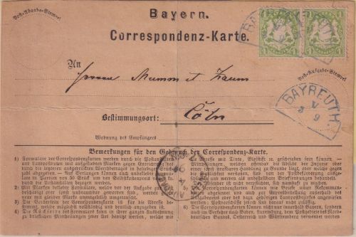 Bayern - 2x1 Kr. Wappen gez. Correspondenzkarte HKS Bayreuth 3/9 - Köln 1872