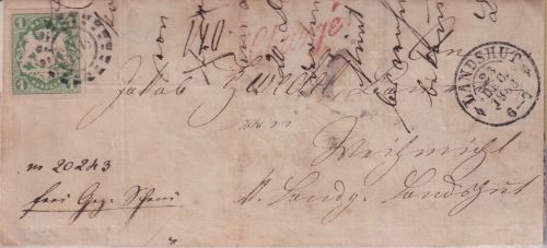 Bayern - 1 Kr. Wappen geschn. Orts-Chargebrief oMR 269 OPA Landshut 23. DEC 1868
