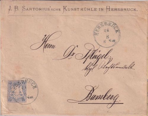 Bayern - 7 Kr. Wappen gez. (geschn.) Brief K1 Hersbruck - Bamberg