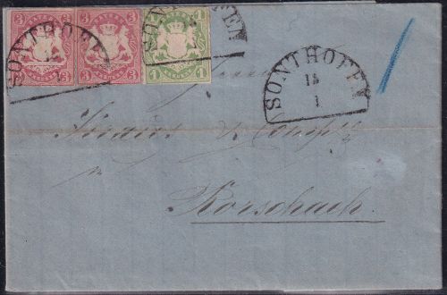 Bayern/Schweiz - 2x3+1 Kr. Wappen gez. (geschn.) Brief HKS Sonthofen 14/1 (1871)
