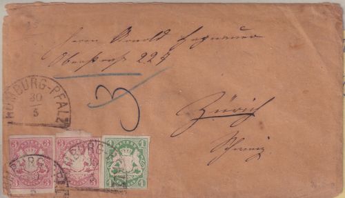 Bayern/Schweiz - 2x3+1 Kr. Wappen geschn. Brief HKS Homburg-Pfalz 30/5 (1869)
