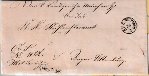 Bayern/Ungarn Au b. München 25/7 Fingerhut-K1 Dienstbrief n. Ung. Altenburg 1856