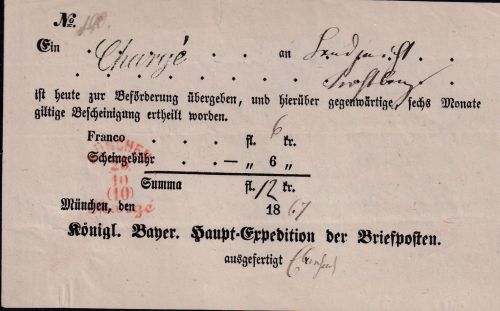 Bayern - München Charge roter L4 Postaufgabeschein (RBf. n. Trostberg) 1867