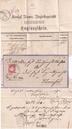 Bayern - 3 Kr. Wappen geschn. HKS Arnstein 2/7 Empfangsschein n Schweinfurt 1870