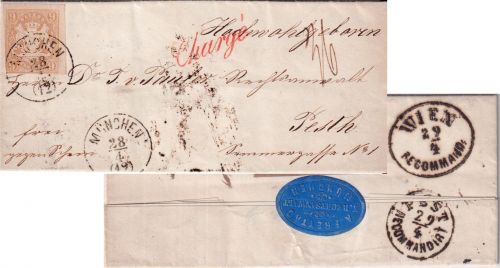 Bayern/Ungarn - 9 Kr. Wappen geschn. Chargebrief kl. K1 München - Pesth 1867