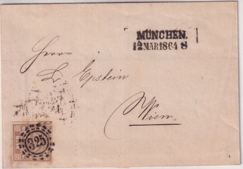 Bayern/Österreich - 9 Kr. Quadrat braun Brief oMR 325 L2 München 12. MAR 1864