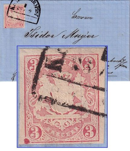 Bayern - 3 Kr. Wappen geschn. (Druckzufälligkeit) Brief Bahnpost (München 1867)